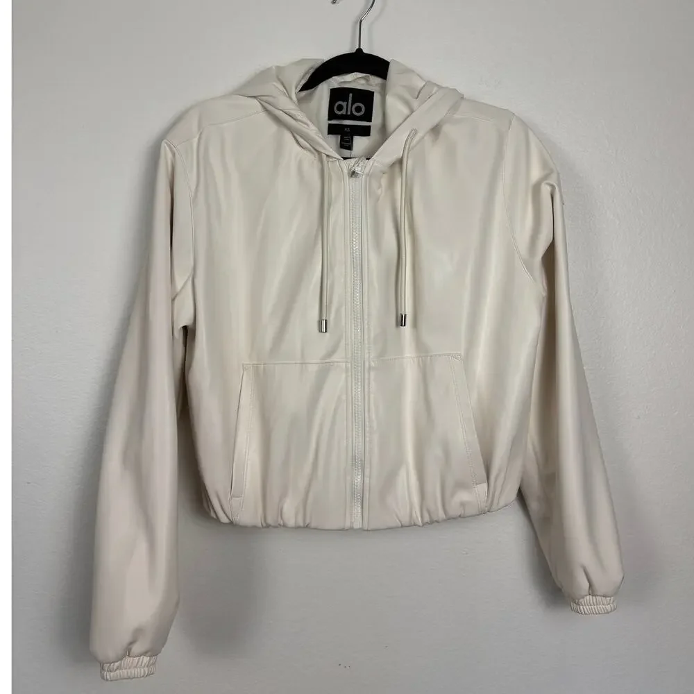 Alo Power Hour Cream Faux Leather Full Zip Hoodie XS